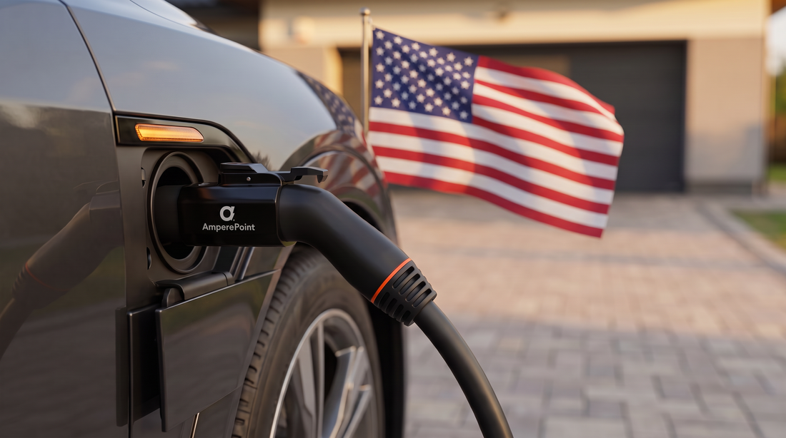 Adapter AMPERE POINT Type 2 – Type 1 wpięty w gniazdo ładowania auta sprowadzonego z USA, w tle flaga USA przed domem