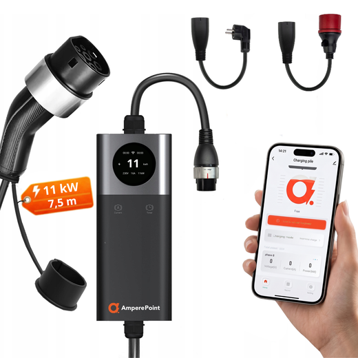 Přenosná nabíječka EV Q11 PRO (16A, Typ 2, 11 kW) + 2 adaptéry