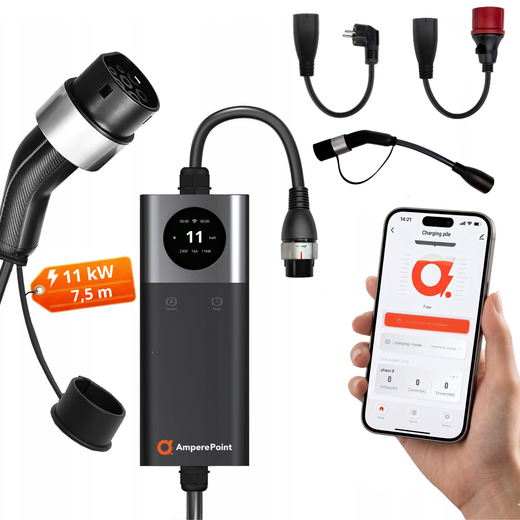 Přenosná nabíječka EV Q11 PRO (16A, Typ 2, 11 kW) + 3 adaptéry