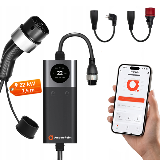 Přenosná nabíječka EV Q22 PRO (32A, Typ 2, 22 kW) + 2 adaptéry