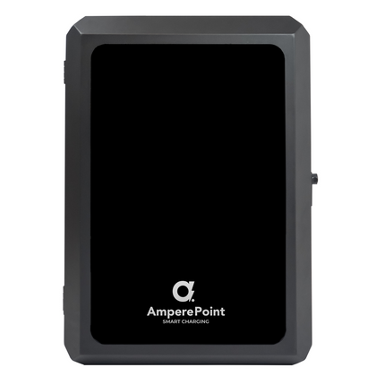 Front view of the black AMP BOX metal cabinet for an EV charger with a glossy door panel and AMPERE POINT logo