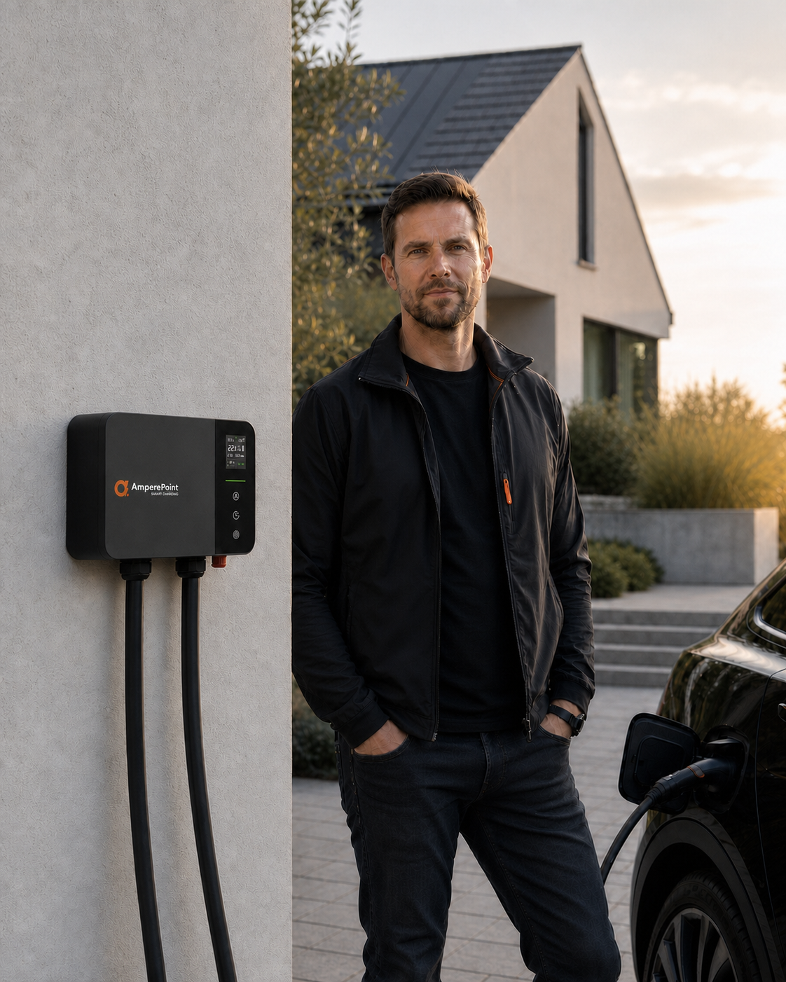AmperePoint-Botschafter neben einer Heimladestation für Elektrofahrzeuge